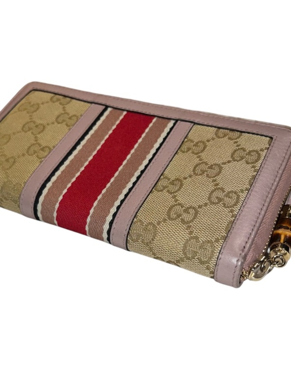 Gucci Beige GG Canvas Zip Wallet with Pink Trim and Red Center Stripe